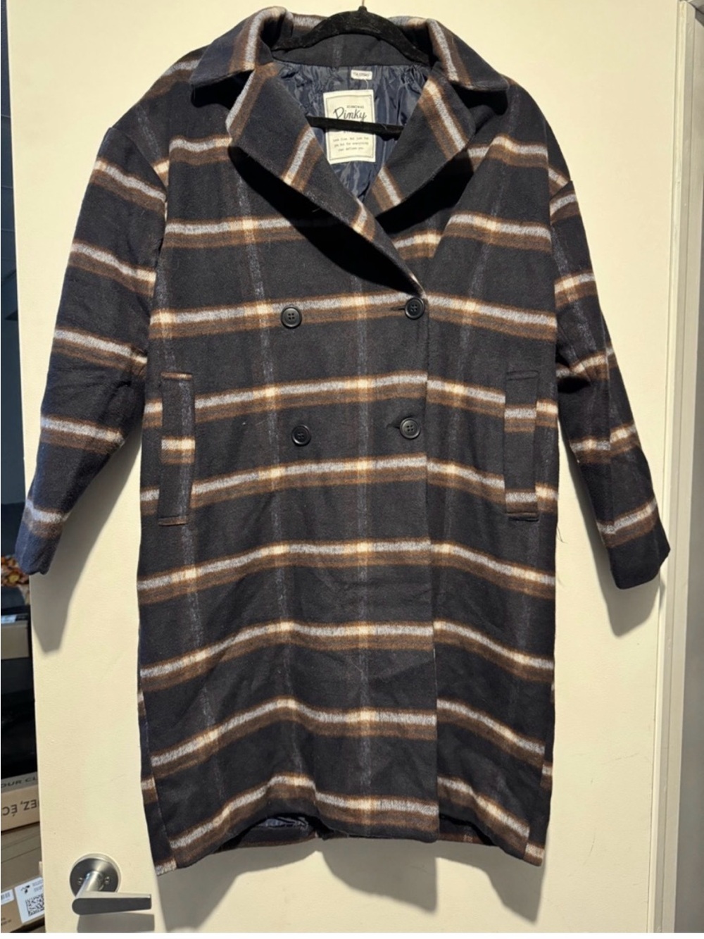 Pinky Double-Breasted Plaid Pea Coat in Black & Brown